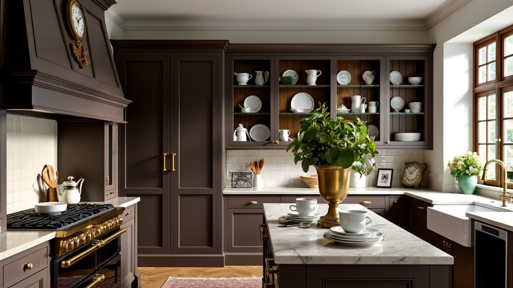 Elegant kitchen design with dark wood, ornate moldings, brass fixtures, and vintage china on display.