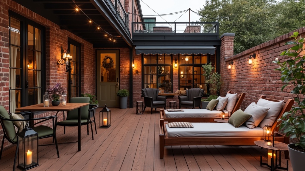 Inviting industrial patio with mahogany decking, brick accents, daybeds, lanterns, and stylish drapery.