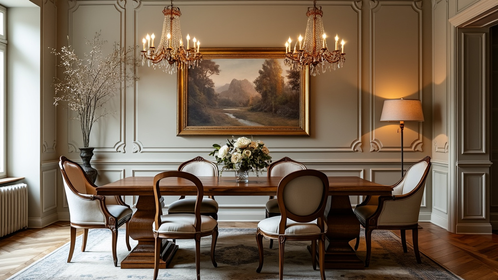 Timeless Rustic Elegance dining setup with wooden table, vintage chairs, artwork, and glowing chandeliers.
