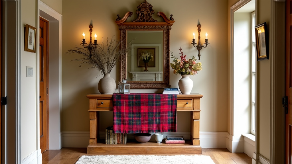Entryway with tartan runner on console table, vintage books, candles, flowers, and ornate mirror.