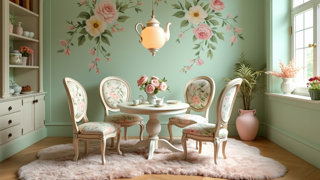 Victorian-inspired children's tea room with pastel decor, floral wallpaper, round table, and whimsical lights.