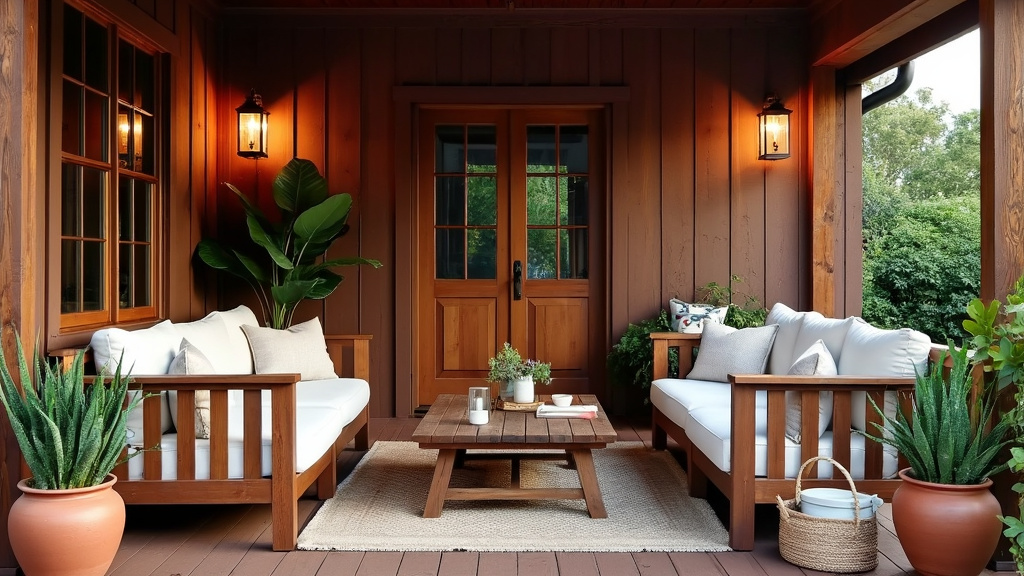 Patio with dark teak wood seating, white cushions, terracotta pots, rugs, and retro lanterns for warmth.