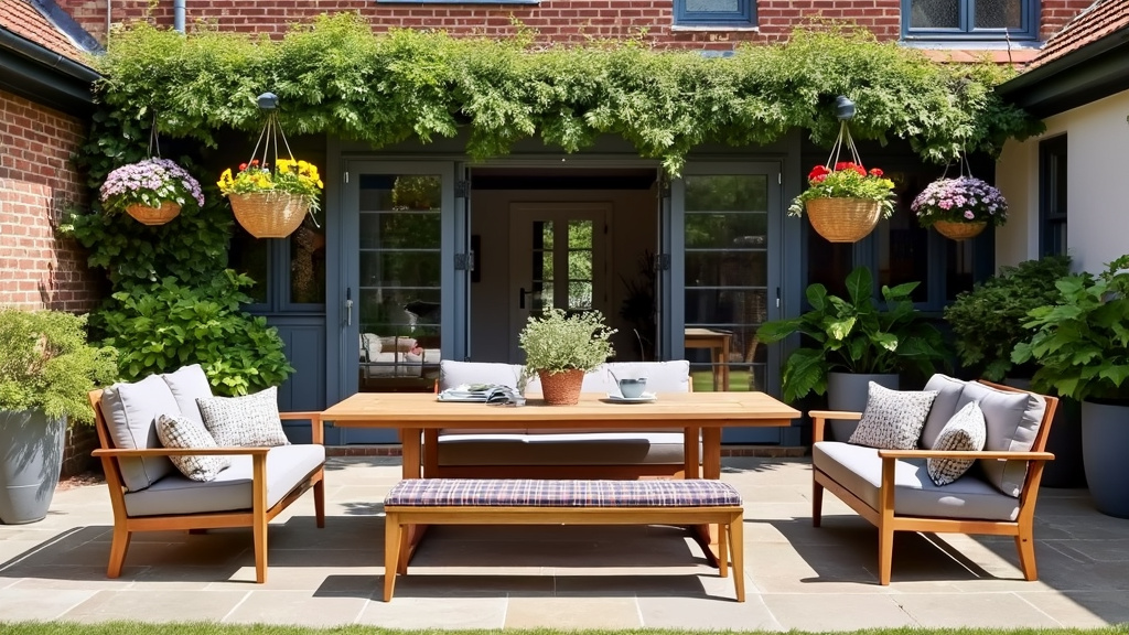 Timeless Teak and Tartan design features teak furniture, tartan accents, hanging baskets, and a cozy patio.