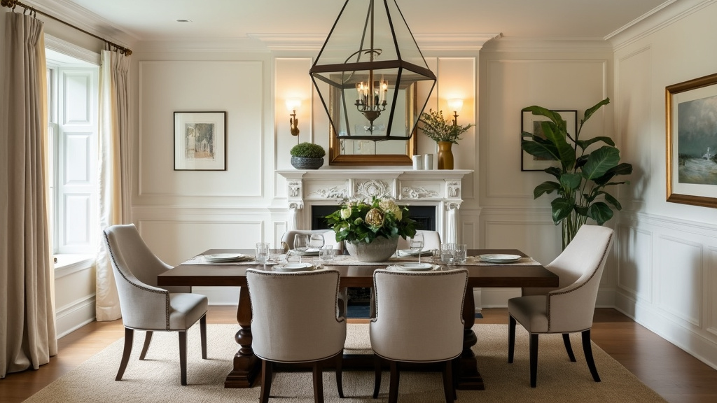 A dining room with a wooden table, elegant linen chairs, soft lighting, and off-white wallpaper.