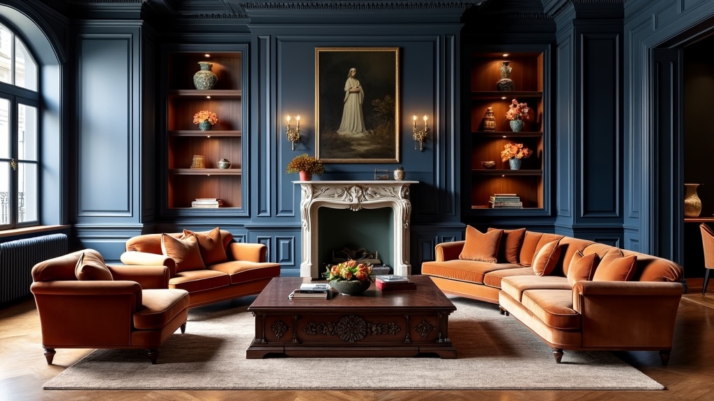 Victorian-inspired living room with deep navy and burnt umber palette, carved mahogany table, plush sofas.