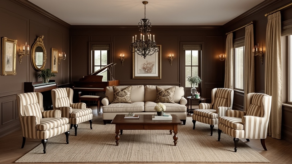 Timeless Tradition Living Room with chocolate brown walls, beige sofa, antique piano, and elegant decor.