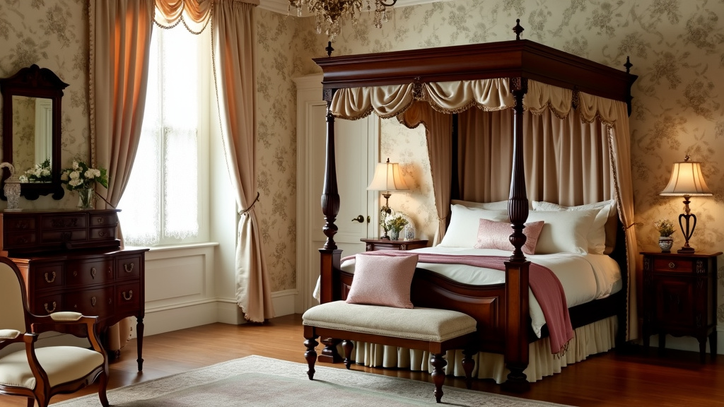 Victorian bedroom design featuring soft creams, deep burgundies, a four-poster bed, and antique furniture.
