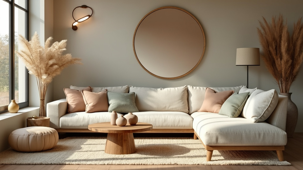 A cozy ivory linen sofa with a reclaimed wood side table, accented with taupe and sage decor in a serene setting.