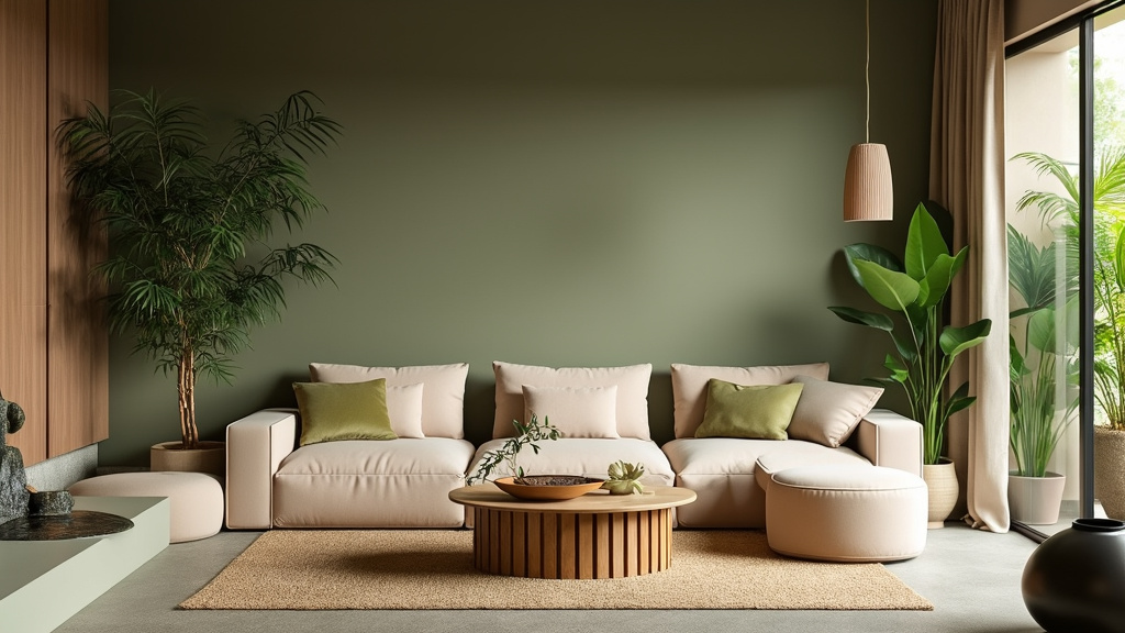 Tranquil living room with soft green and beige palette, cozy sectional, indoor plants, and bamboo table.