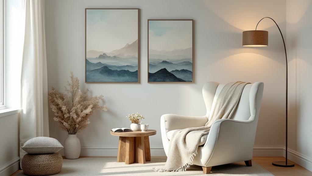 Tranquil reading nook with light colors, comfy armchair, reclaimed wood table, minimal decor, and soft lighting.