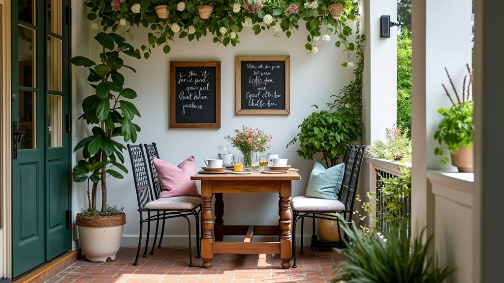 Serene outdoor tea time terrace with wooden table, chalkboard accents, potted herbs, and wrought iron chairs.