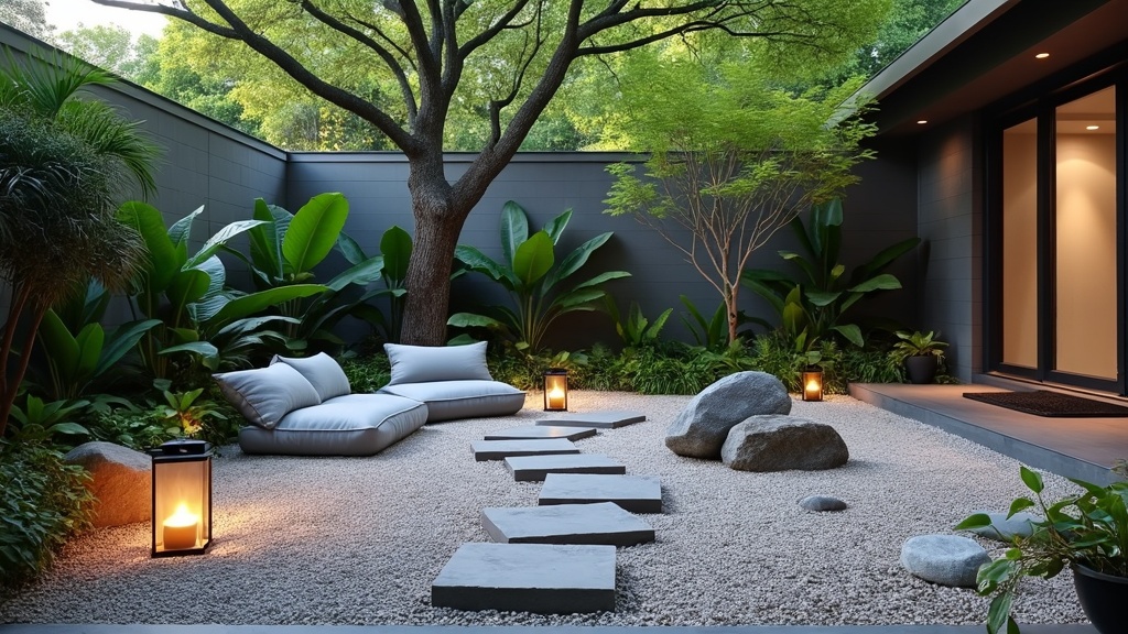 A tranquil Zen garden patio with gravel, stepping stones, rocks, a fountain, and lush plants for serenity.
