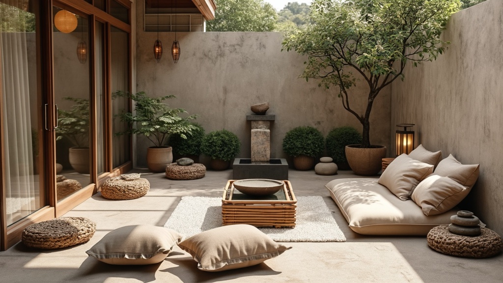 Tranquil Zen Patio with bamboo furniture, low table, cozy cushions, water features, bonsai, and lanterns.