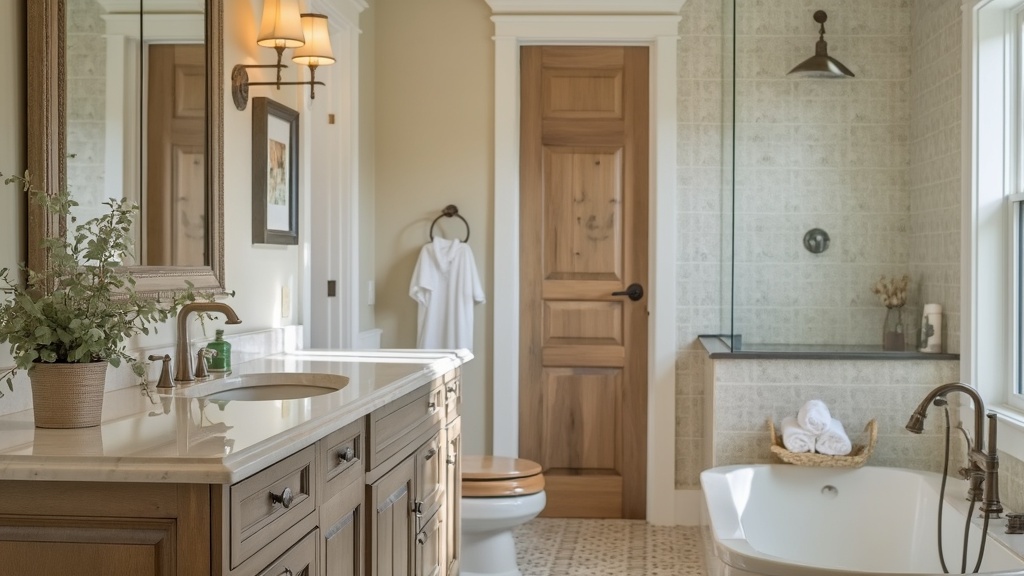 Transitional bathroom design blending traditional elegance with modern simplicity in a cohesive aesthetic.