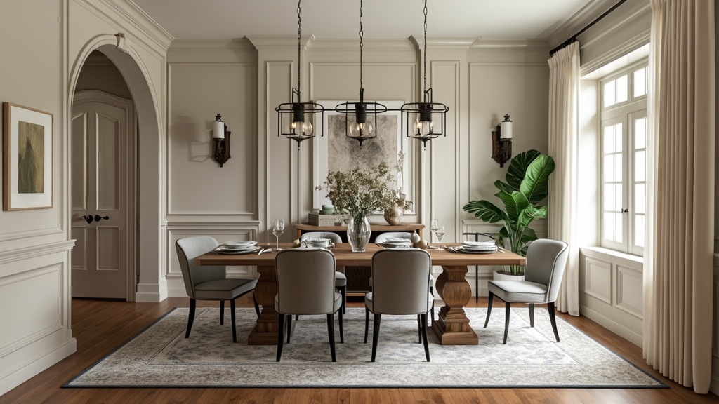 A transitional dining room featuring a wooden table, upholstered chairs, classic light fixtures, and art.