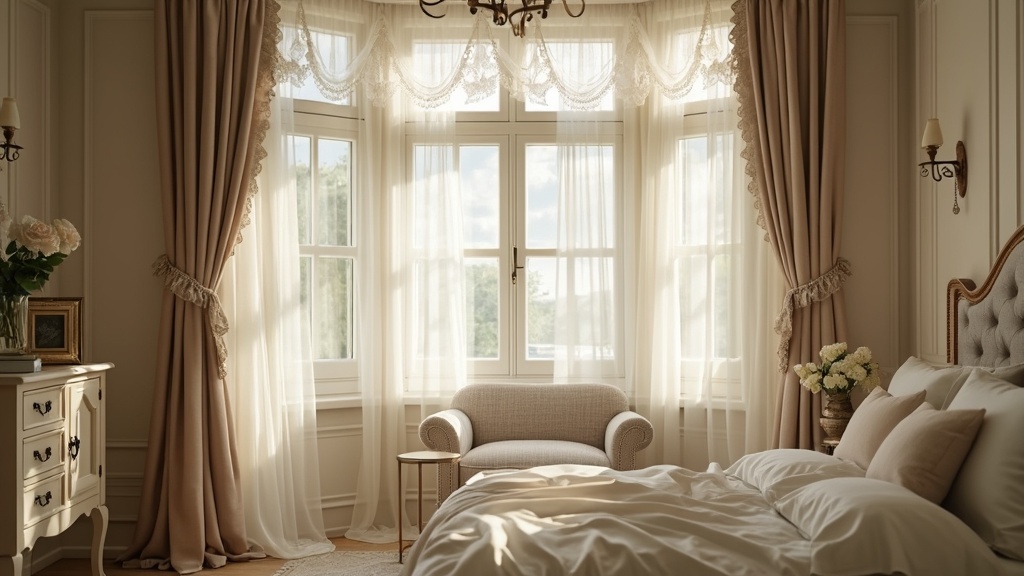 Soft lace curtains pooling at a bay window, filtering light and adding a romantic touch to the room.