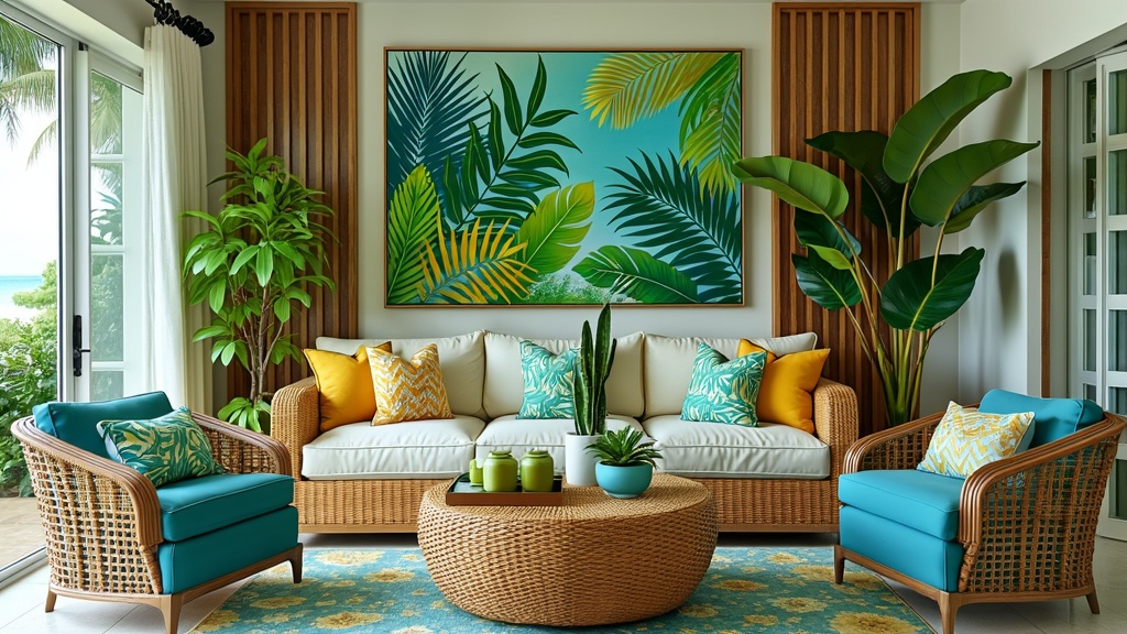 Tropical paradise living space with palm leaf prints, vibrant florals, bright furniture, and cozy textures.
