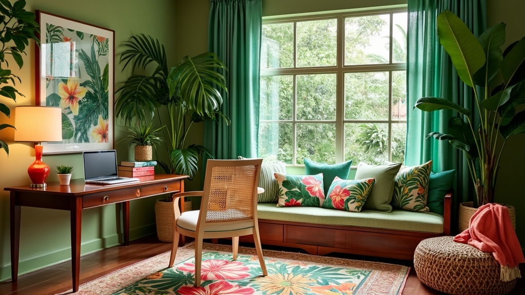 Tropical home office with mahogany desk, light cane chair, vibrant plants, and floral prints decor.