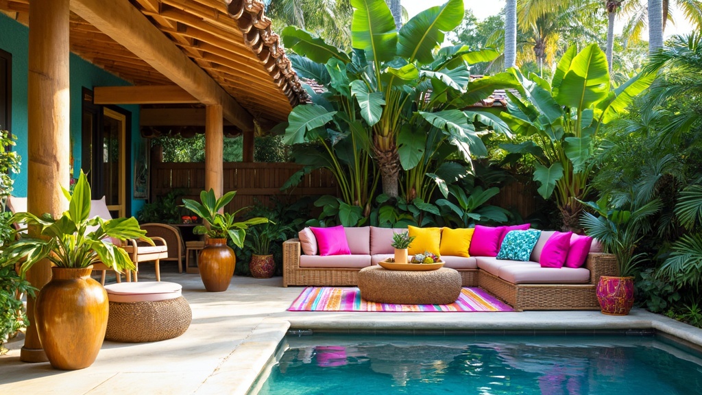 Vibrant tropical patio with rattan furniture, colorful cushions, lush plants, and poolside ambiance.