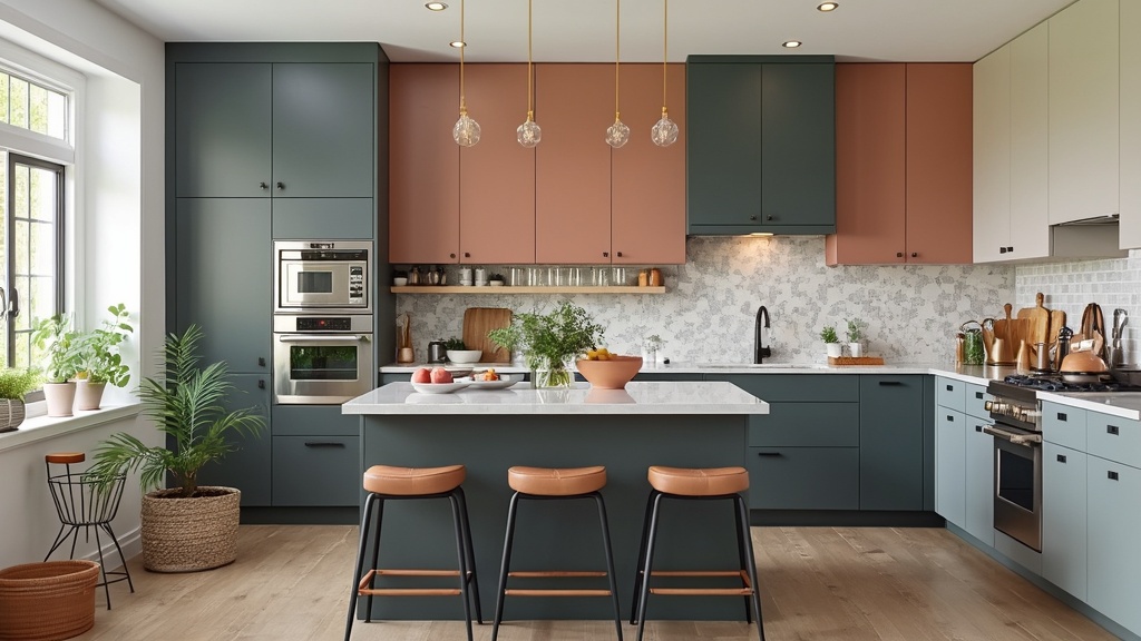 Two-tone cabinets in a galley kitchen with contrasting colors, creating depth and modern aesthetics.