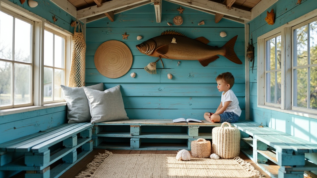 A nautical-themed playhouse shaped like a boat, painted in aqua and navy, with fishnet decorations.