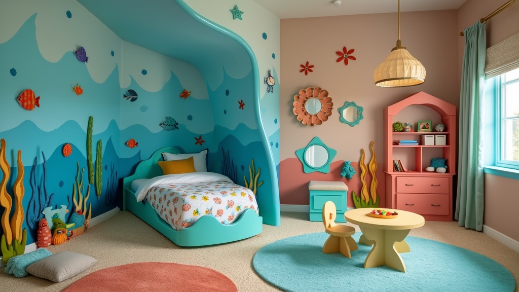 Children's underwater-themed room with ocean mural, aquatic bedding, fish-shaped bookshelf, and soft lighting.