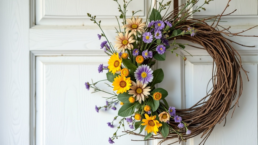 Upcycled wreath made from twine, dried branches, and flowers, showcasing eco-friendly rustic decor.