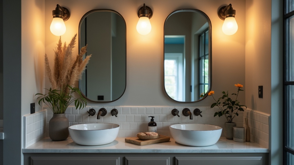 Modern bathroom lighting with energy-efficient fixtures, layered lighting for ambiance and functionality.
