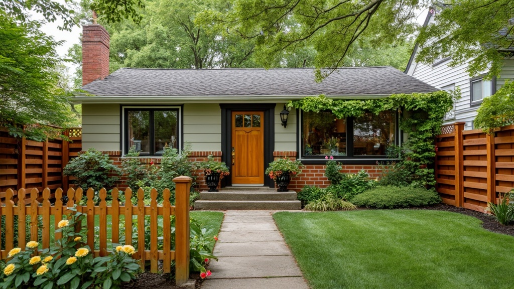 A stylish ranch home fence featuring horizontal wooden planks and climbing vines for added charm.