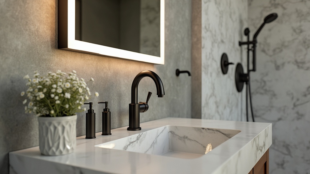 Modern bathroom fixtures like faucets and showerheads in brushed nickel or matte black for a stylish update.
