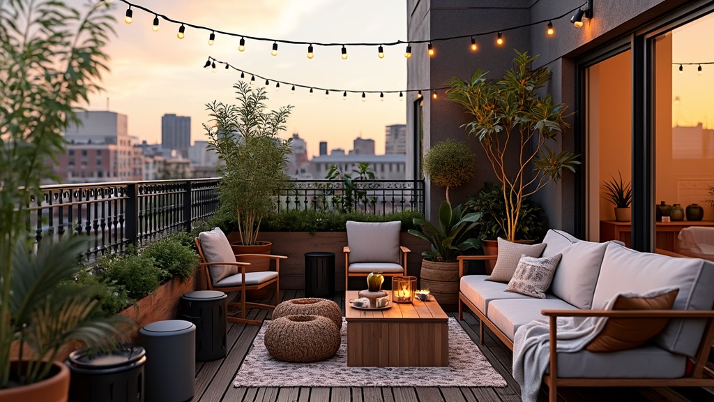 A cozy balcony transformation featuring space-saving furniture, vertical gardens, string lights, and cushions.