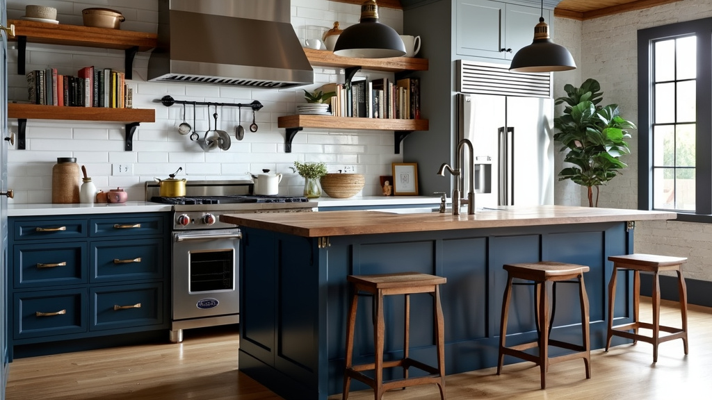 Contemporary kitchen with navy cabinetry, stainless steel appliances, and reclaimed wood open shelving.