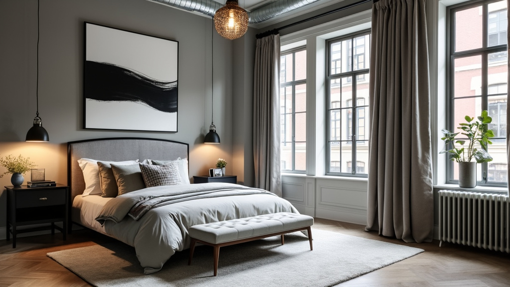 Transitional bedroom design featuring muted tones, bold black and white art, minimal furniture, and mirrors.