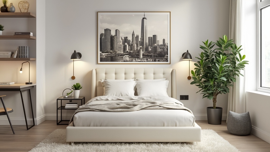 Urban bedroom with cream and white palette, plush headboard, sleek furniture, and modern lighting.