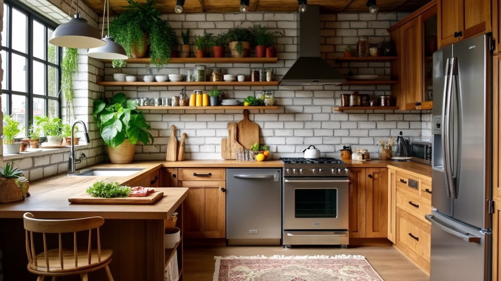 Urban Harvest kitchen with rustic farmhouse charm, deep timber cabinetry, stainless steel appliances, herbs.