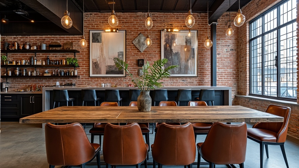 Urban industrial dining room with reclaimed wood table, leather chairs, exposed brick wall, and art decor.