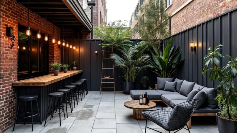 Urban industrial patio with concrete tiles, weathered brick, metal panels, wood furniture, and greenery.