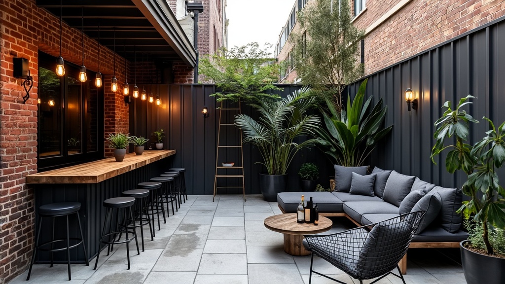 Urban industrial patio with concrete tiles, weathered brick, metal panels, wood furniture, and greenery.