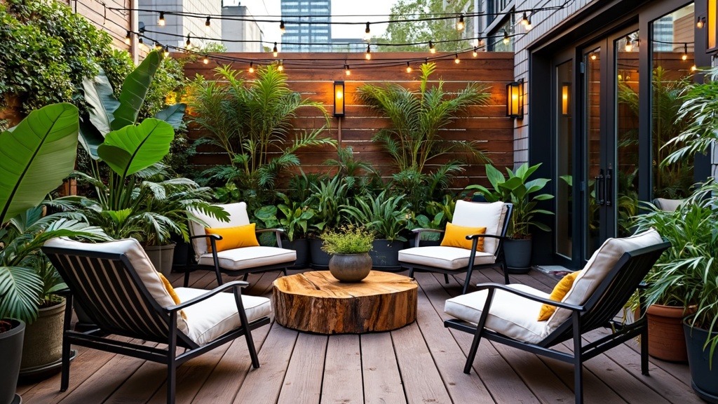 Urban jungle patio with greenery, composite decking, metal furniture, and cozy seating in lush foliage.