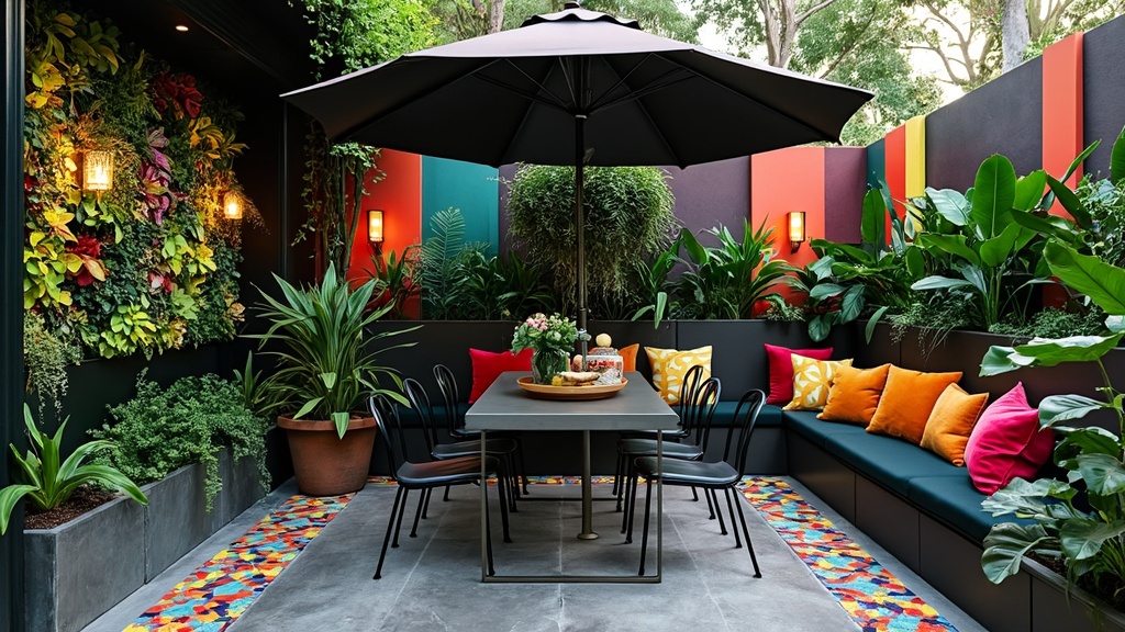 Urban patio design with concrete floor, colorful tiles, vertical gardens, industrial furniture, and vibrant decor.