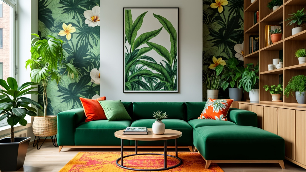 Modern living room with deep green sectional, botanical prints, indoor plants, wood accents, and colorful rug.