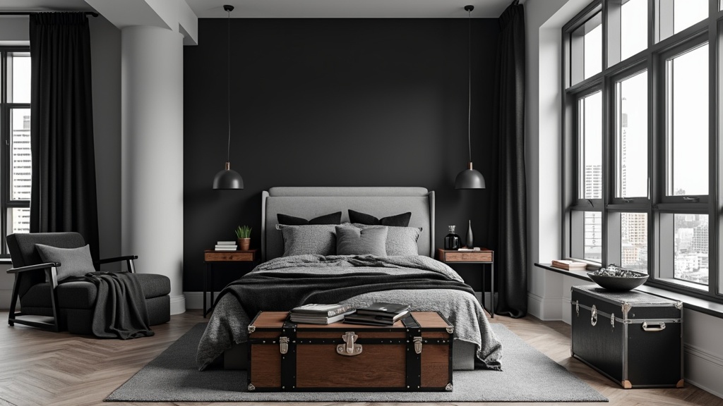 Urban loft-style bedroom with black and grey aesthetics, featuring an accent wall, industrial furniture, and large windows.