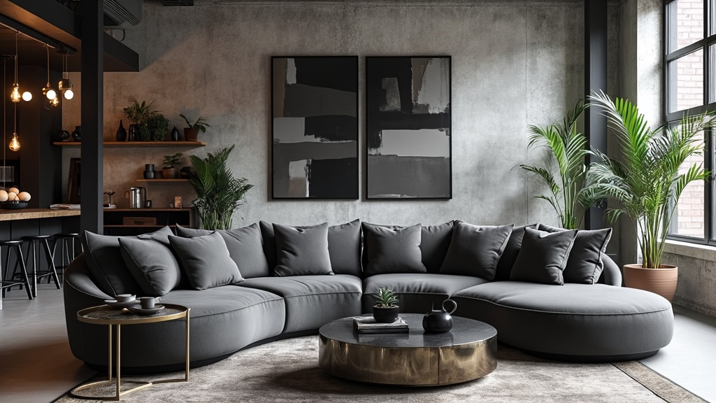 Urban loft living room featuring a gray curved sofa, dark wood furniture, metal accents, and plants.