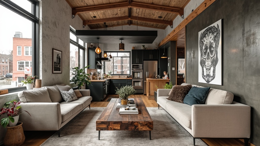 Urban loft style living room in a mobile home with rustic wood, metal furniture, and large windows.
