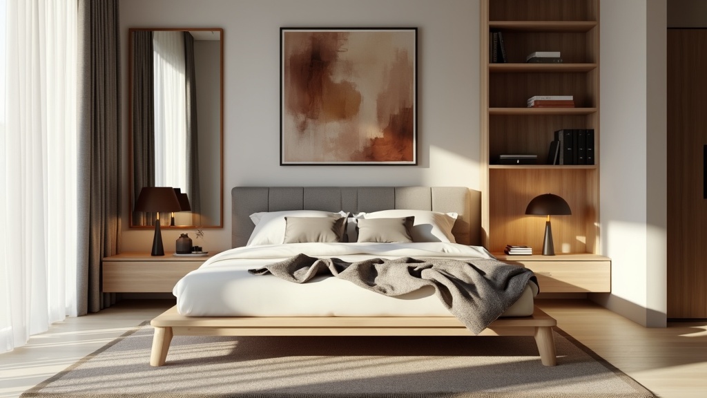 Scandifornian bedroom featuring a low-profile bed, minimal furniture, soft grays, and bold abstract art.