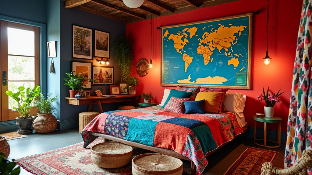 Colorful Urban Nomad Bedroom with a queen-sized patchwork bed, vibrant pillows, and travel-themed decor.