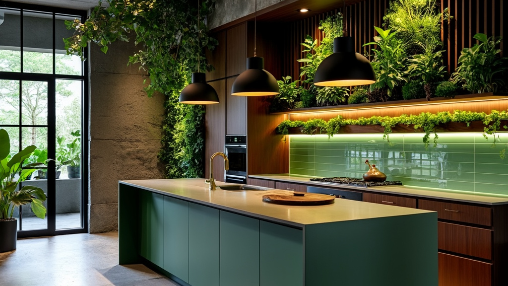 Urban kitchen with vertical gardens, dark wood cabinets, green accents, and luxurious brass fixtures.