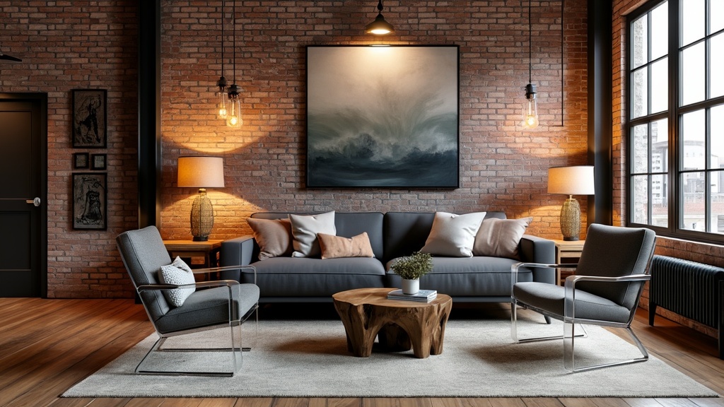 Urban rustic living room with exposed brick, dark steel beams, a charcoal couch, and warm wooden accents.