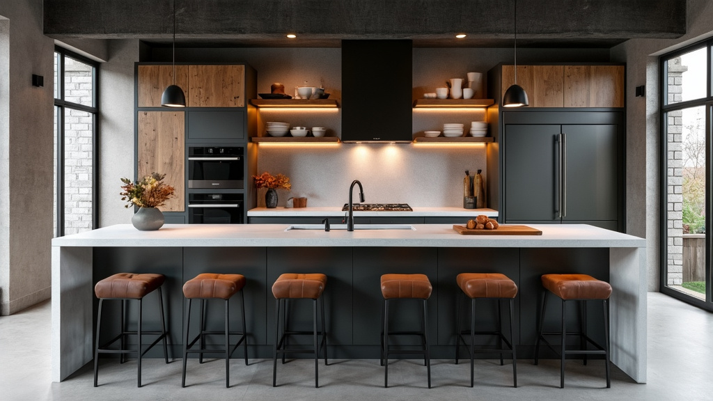 Modern industrial kitchen with steel and wood accents, stainless appliances, warm tones, and open shelving.