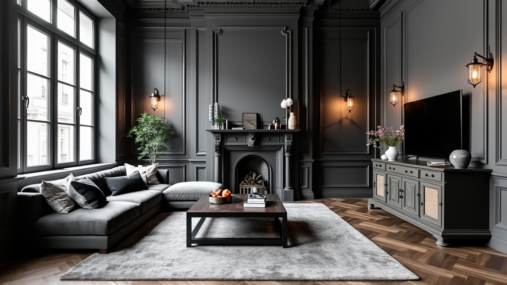 Urban Victorian living room blending modern and classical styles with monochromatic colors and key furnishings.